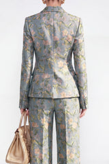 Grey Blue Floral Peaked Lapel 2 Piece Women's Suits