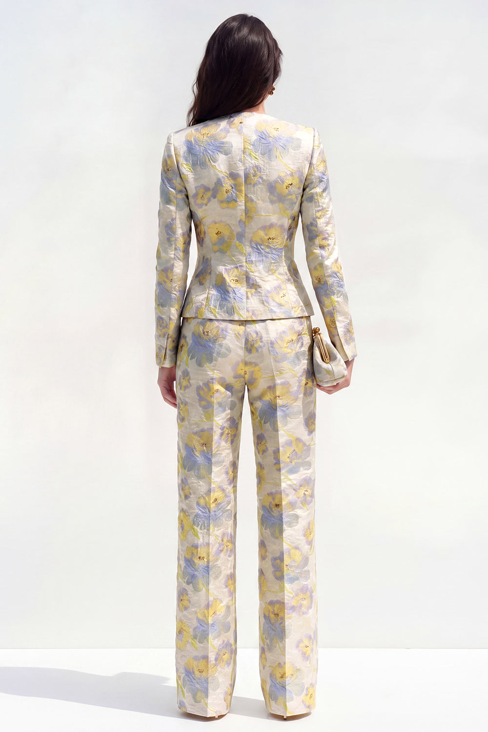 Round Neck Brocade Yellow Floral 2 Piece Women Suits