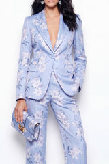 Notched Lapel 2 Piece Blue Floral Single Buckle Women's Suits