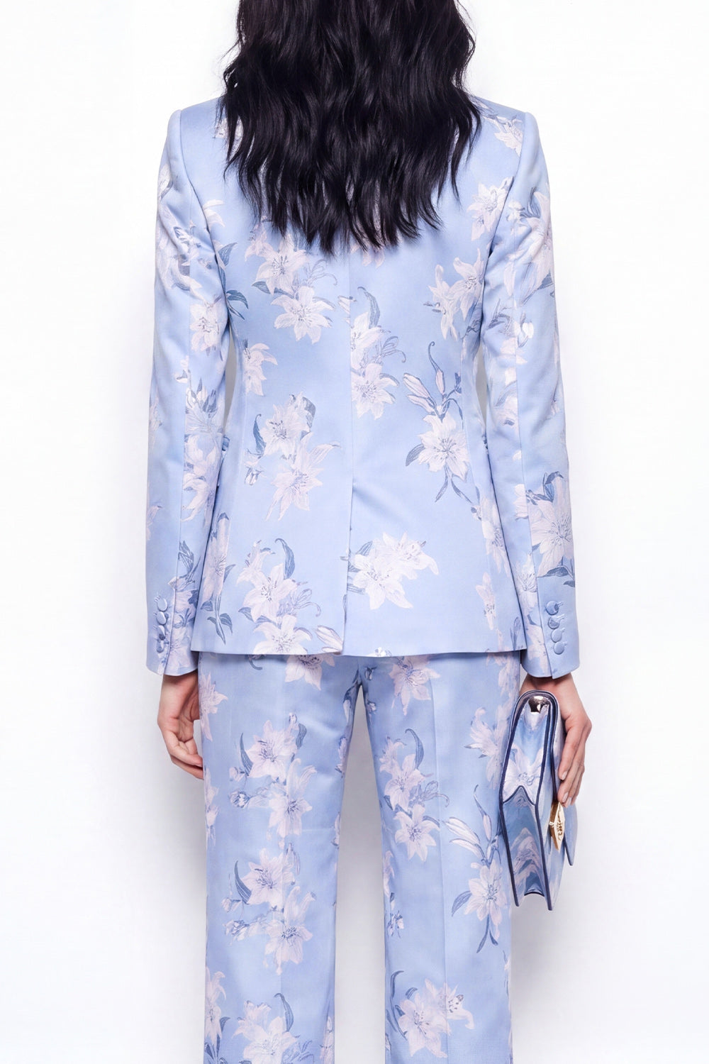 Notched Lapel 2 Piece Blue Floral Single Buckle Women's Suits