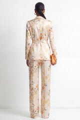 Shawl Lapel 2 Piece Champagne Floral Women's Suits with Belt