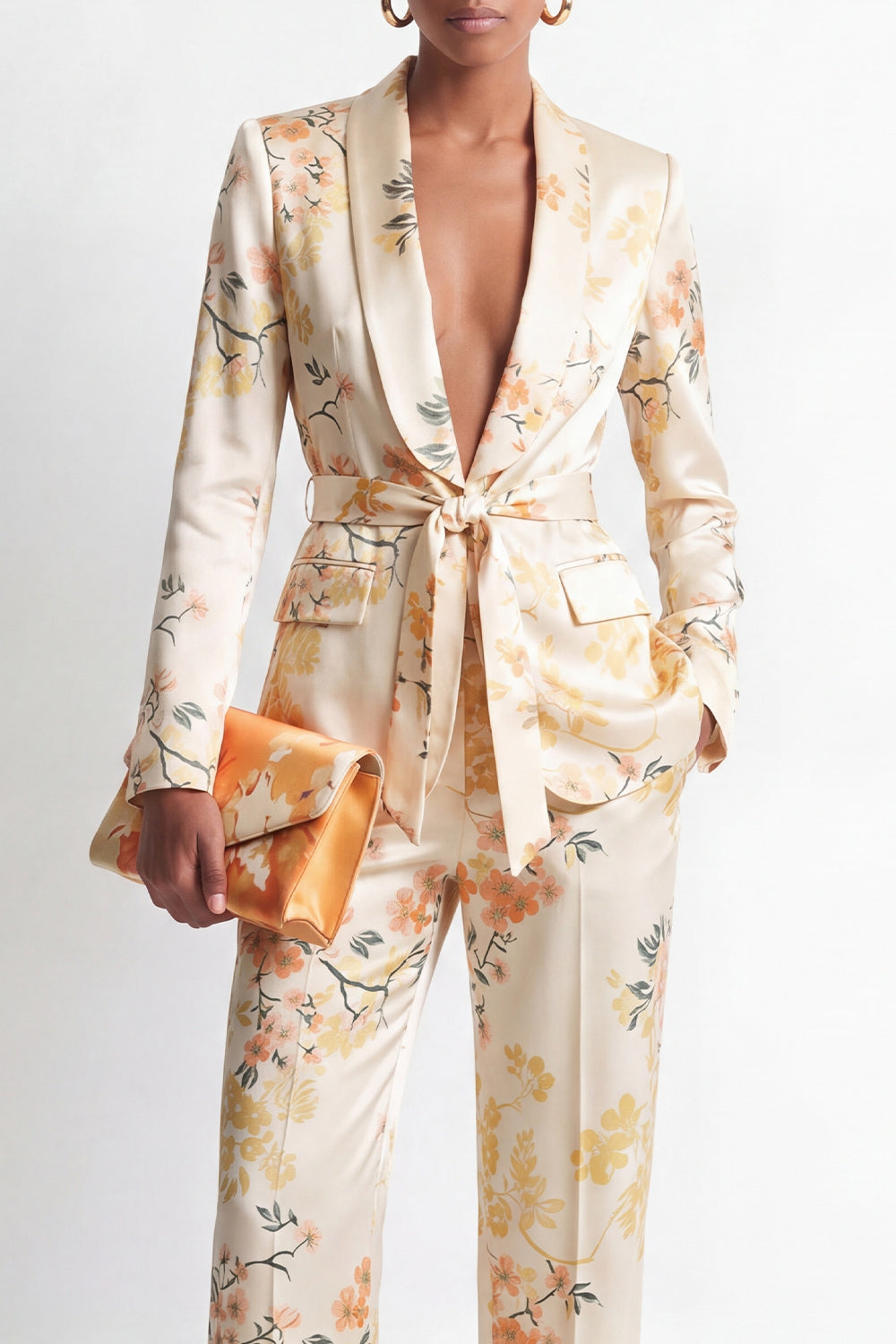 Shawl Lapel 2 Piece Champagne Floral Women's Suits with Belt