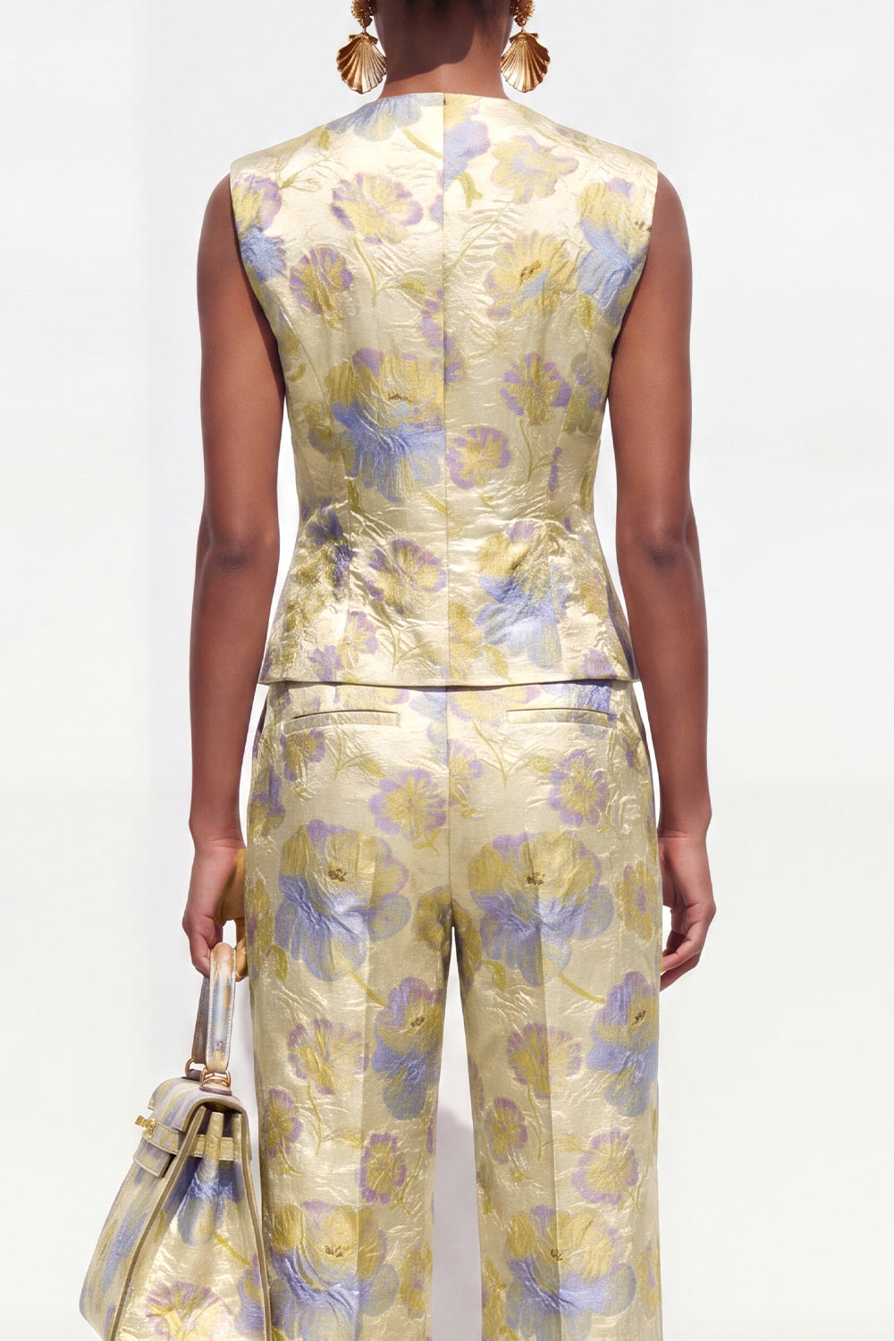 V Neck Brocade Yellow Floral 2 Piece Women Suits