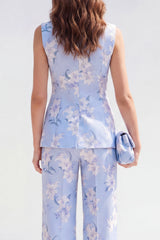 Blue Floral Shawl Lapel 2 Piece Sleeveless Women's Suits