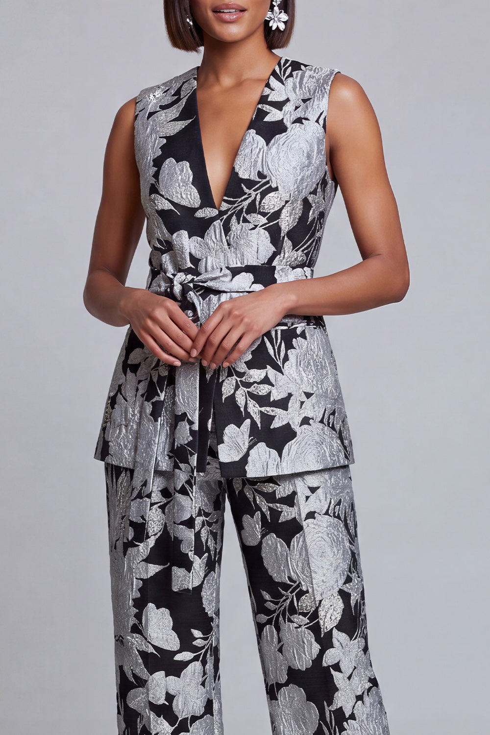 Navy Pink V-Neck Floral 2-Piece Women Suits