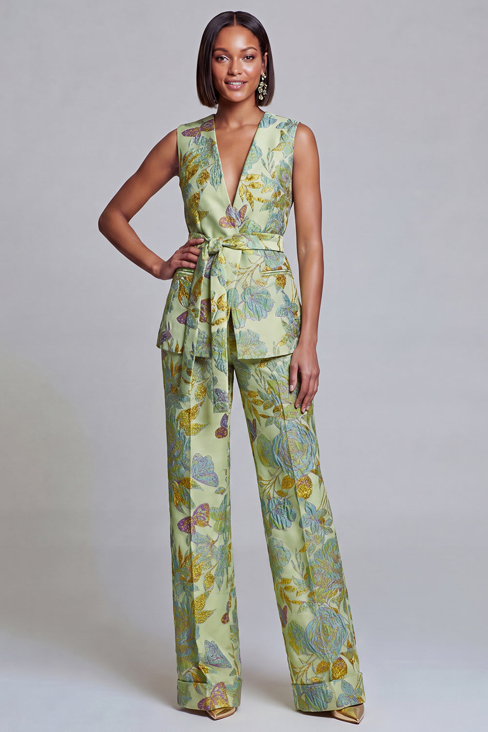 Navy Pink V-Neck Floral 2-Piece Women Suits