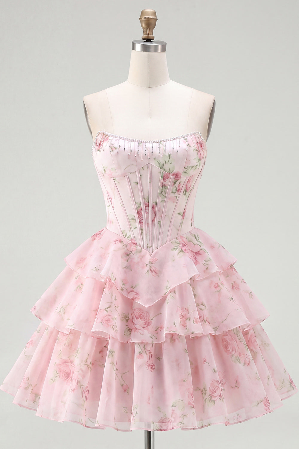 Strapless A-Line Pink Corset Floral Tiered Homecoming Dress