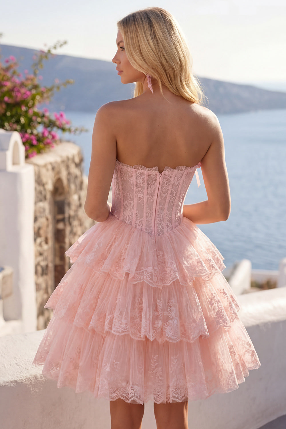 Strapless Floral Corset Tulle A-Line Lilac Tiered Homecoming Dress