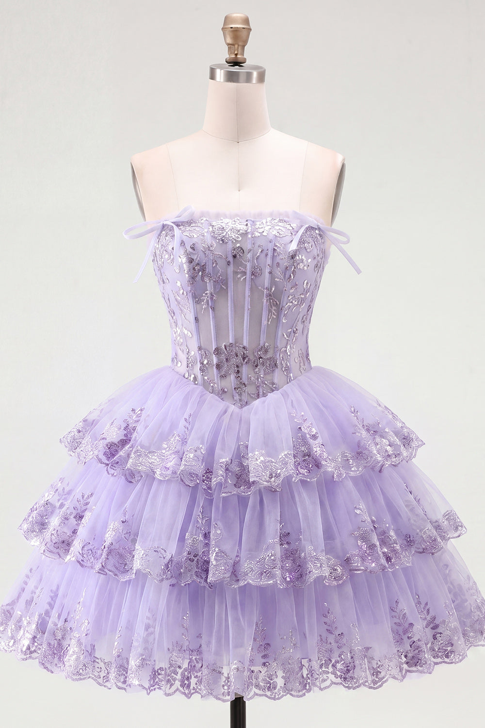 Strapless Floral Corset Tulle A-Line Lilac Tiered Homecoming Dress