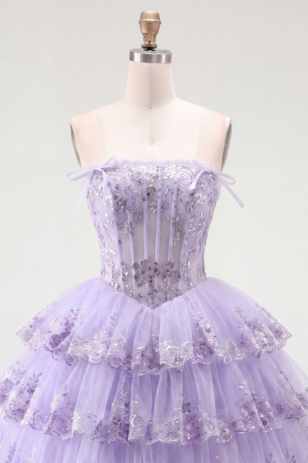 Strapless Floral Corset Tulle A-Line Lilac Tiered Homecoming Dress