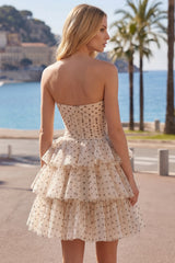 Apricot Black Dot A-Line Tiered Sweetheart Homecoming Dress with Bow
