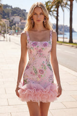 Square Neck Pink Bodycon Floral Ruffled Homecoming Dress