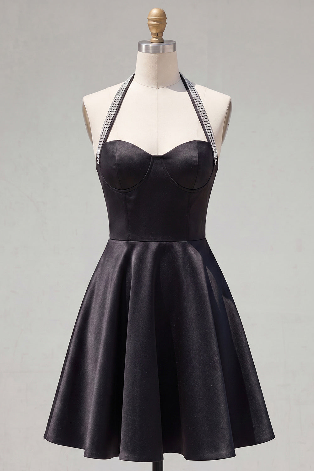 Halter Black A-Line Satin Homecoming Dress with Beading