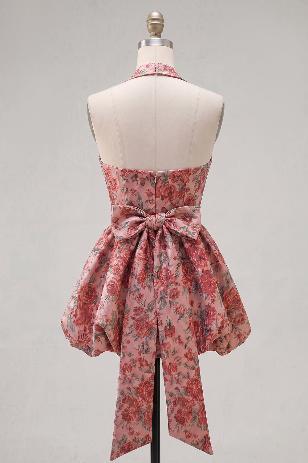 Halter Red Floral A-Line Homecoming Dress with Bow