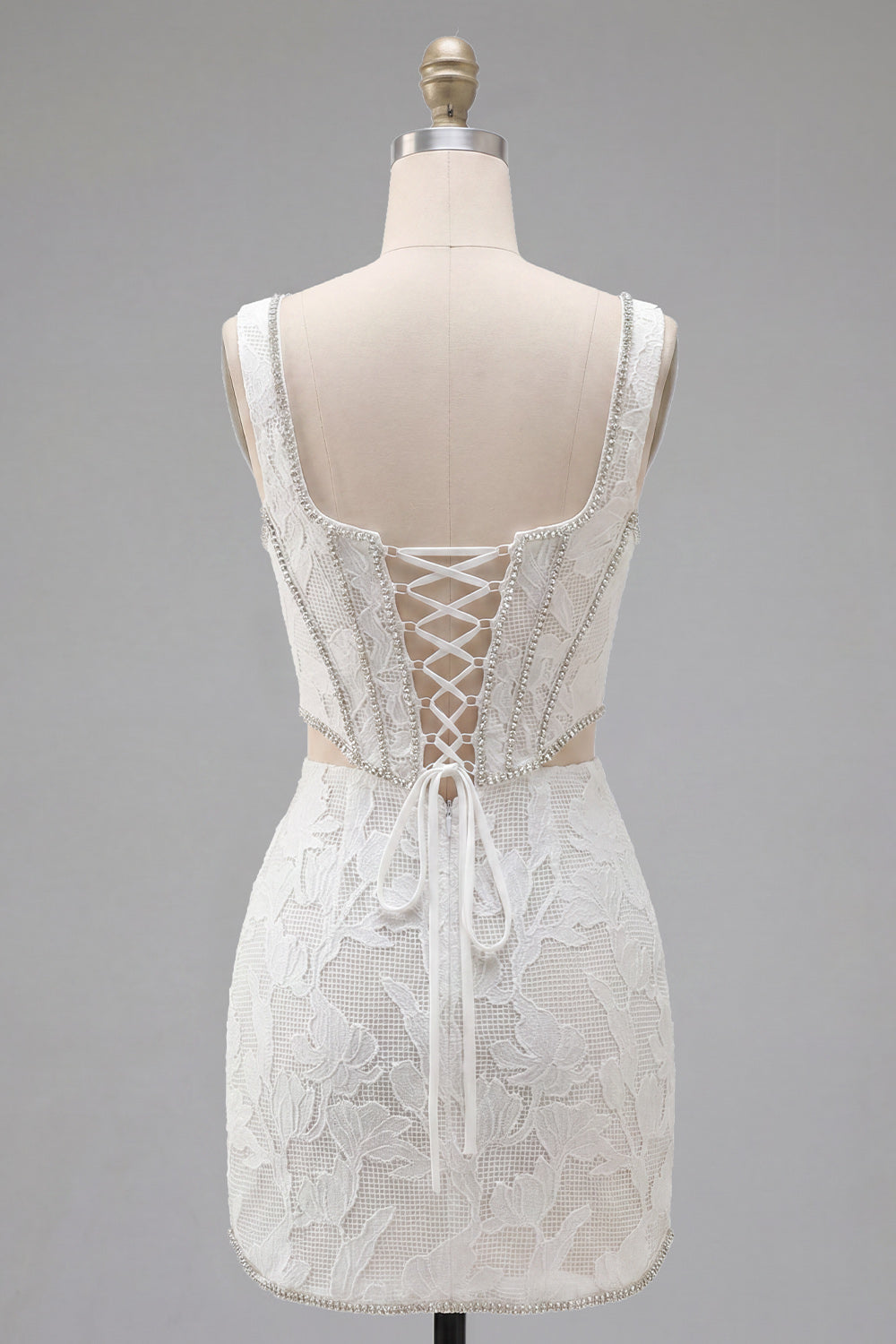 Square Neck White Bodycon Corset Homecoming Dress with Beading