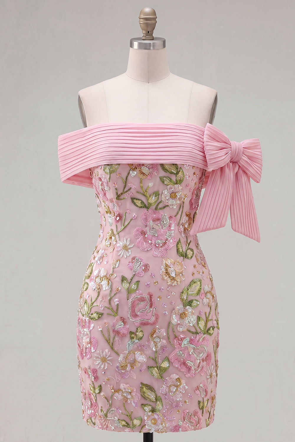 Off the Shoulder Pink Bodycon Floral Sequin Homecoming Dress