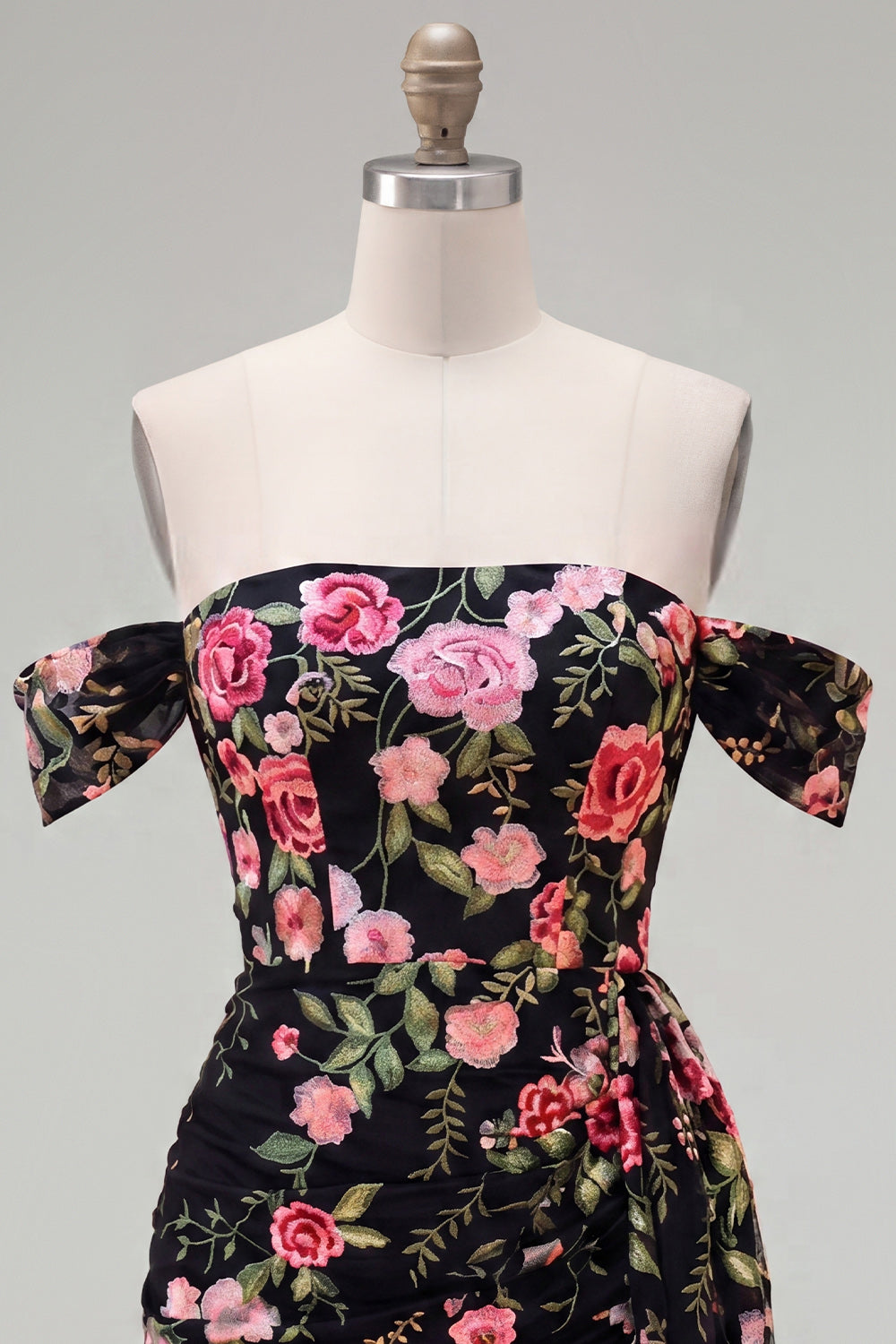 Off the Shoulder Bodycon Floral Black Homecoming Dress with Sash