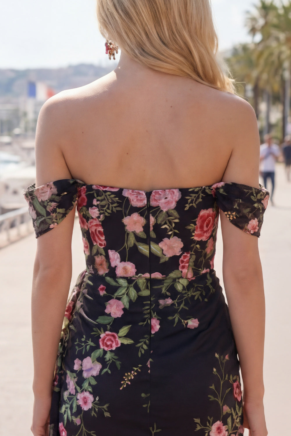 Off the Shoulder Bodycon Floral Black Homecoming Dress with Sash
