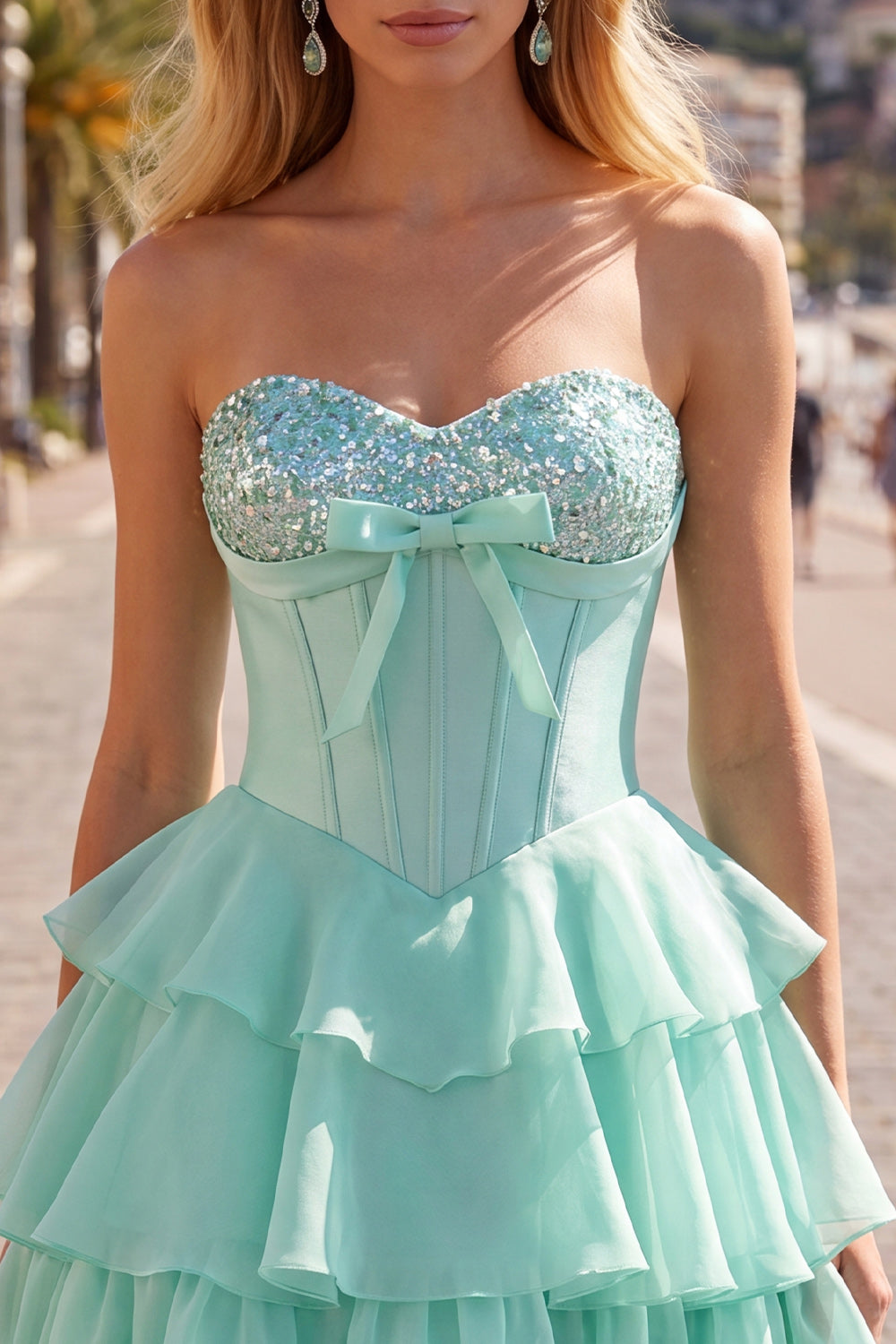 Mint Corset A-Line Sweetheart Tiered Homecoming Dress