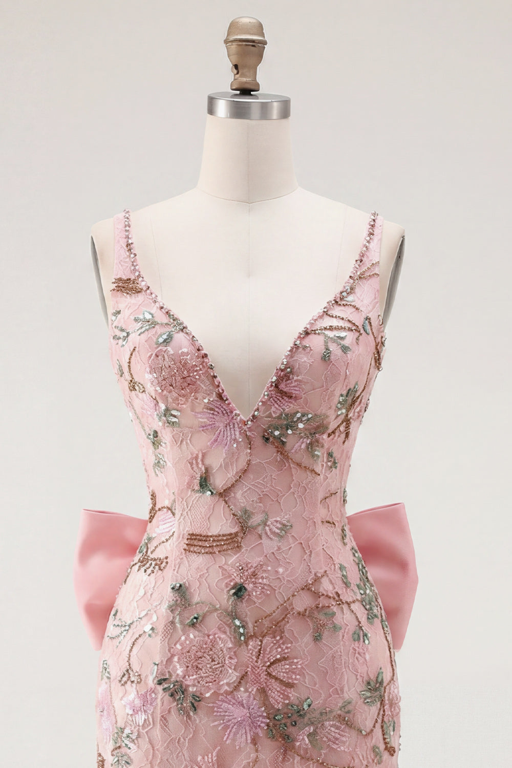 Pink Floral V-Neck Bodycon Homecoming Dress with Slit