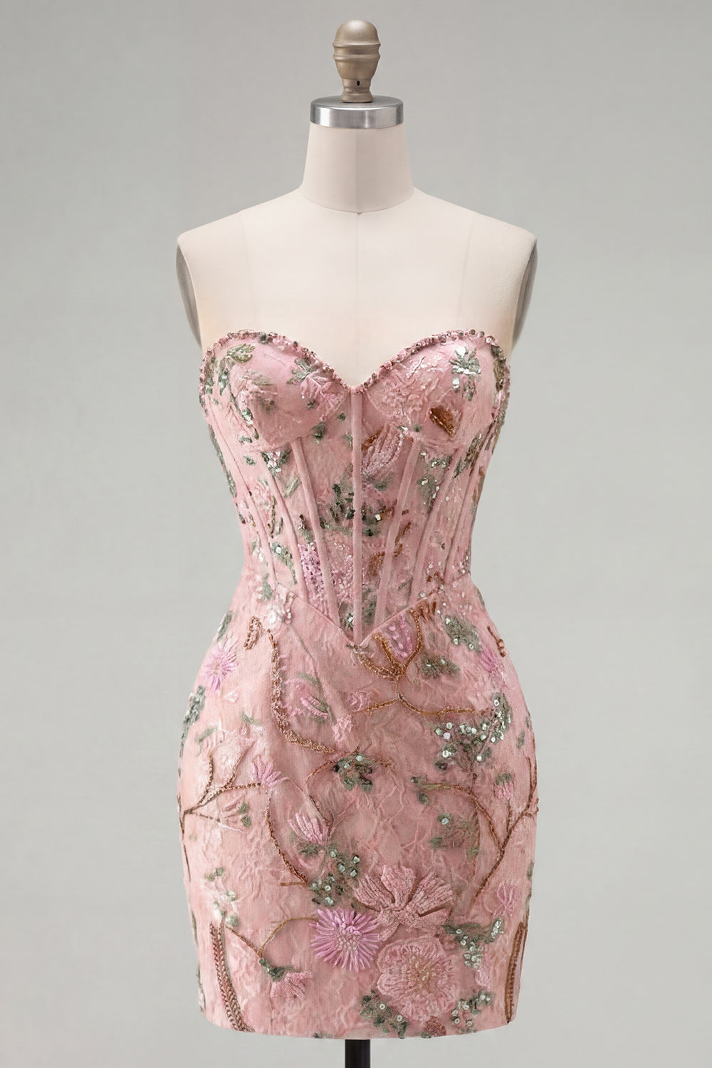 Pink Sweetheart Bodycon Floral Corset Homecoming Dress