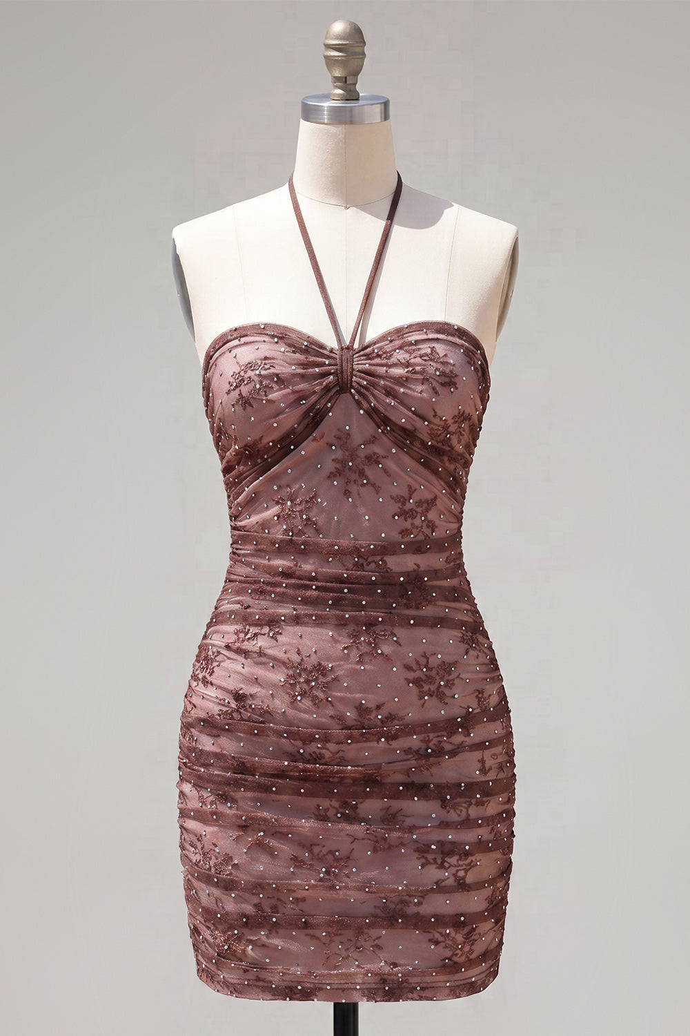 Halter Bodycon Ruched Chocolate Homecoming Dress with Beading