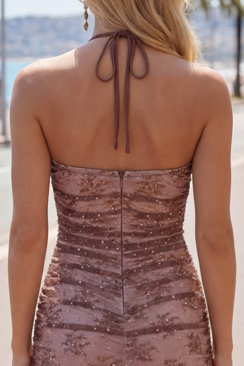 Halter Bodycon Ruched Chocolate Homecoming Dress with Beading