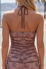Halter Bodycon Ruched Chocolate Homecoming Dress with Beading