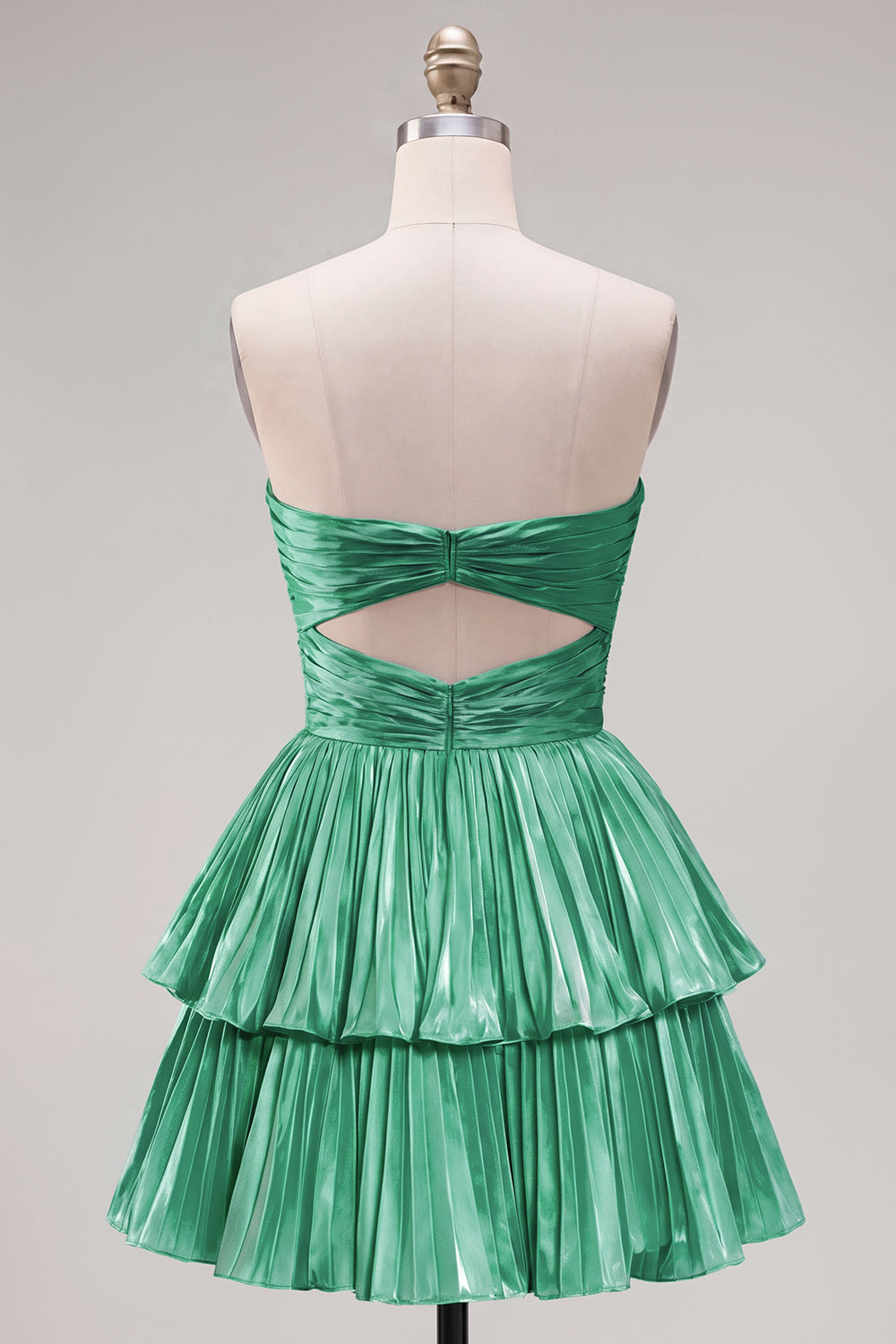 Strapless Cut Out Metallic Green Ruched A Line 80s Homecoming Dress