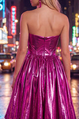 Strapless Fuchsia Corset Metallic 80s High-Low Homecoming Dress