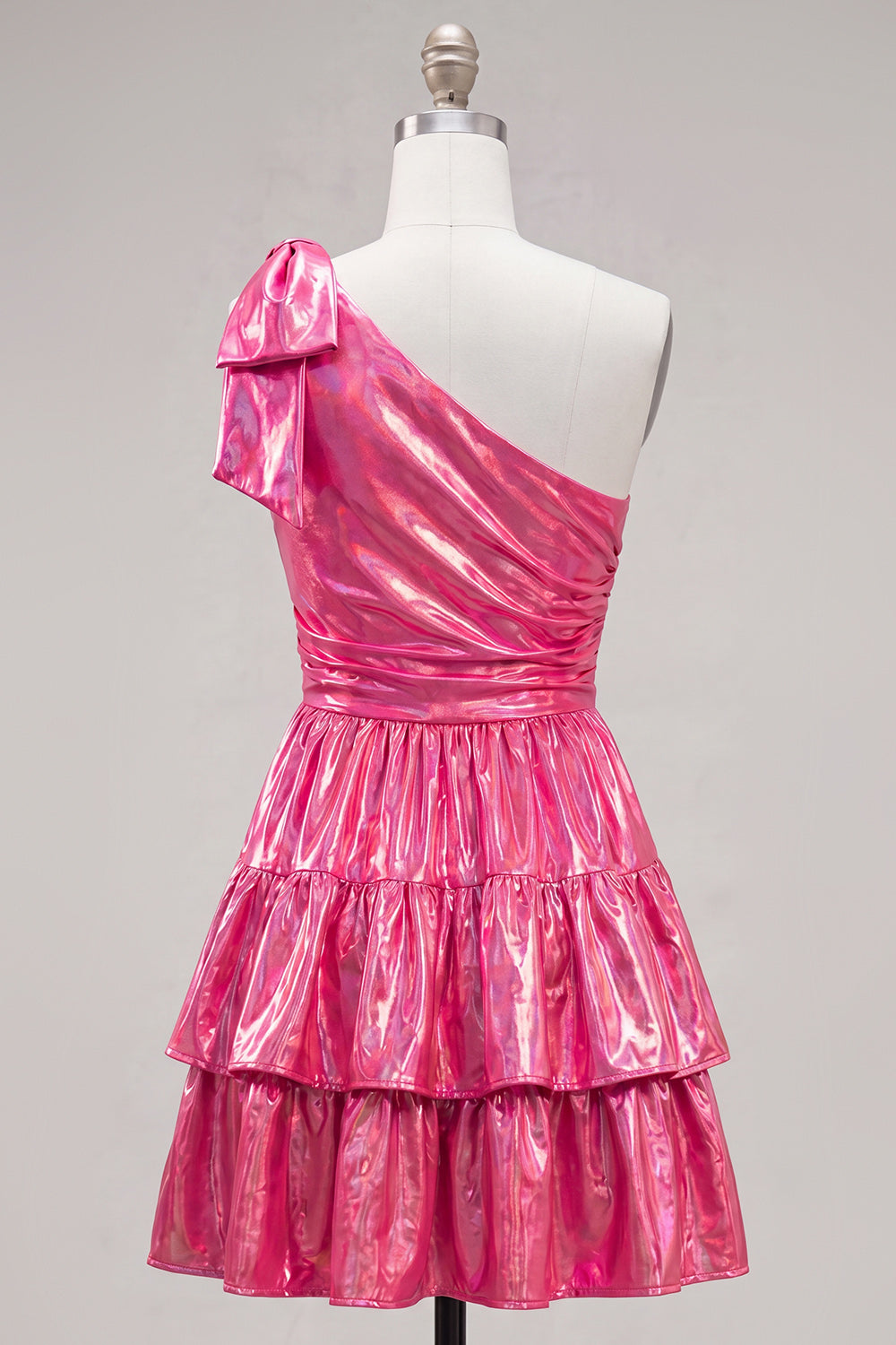 One Shoulder A Line Fuchsia Metallic 80s Homecoming Dress With Bow
