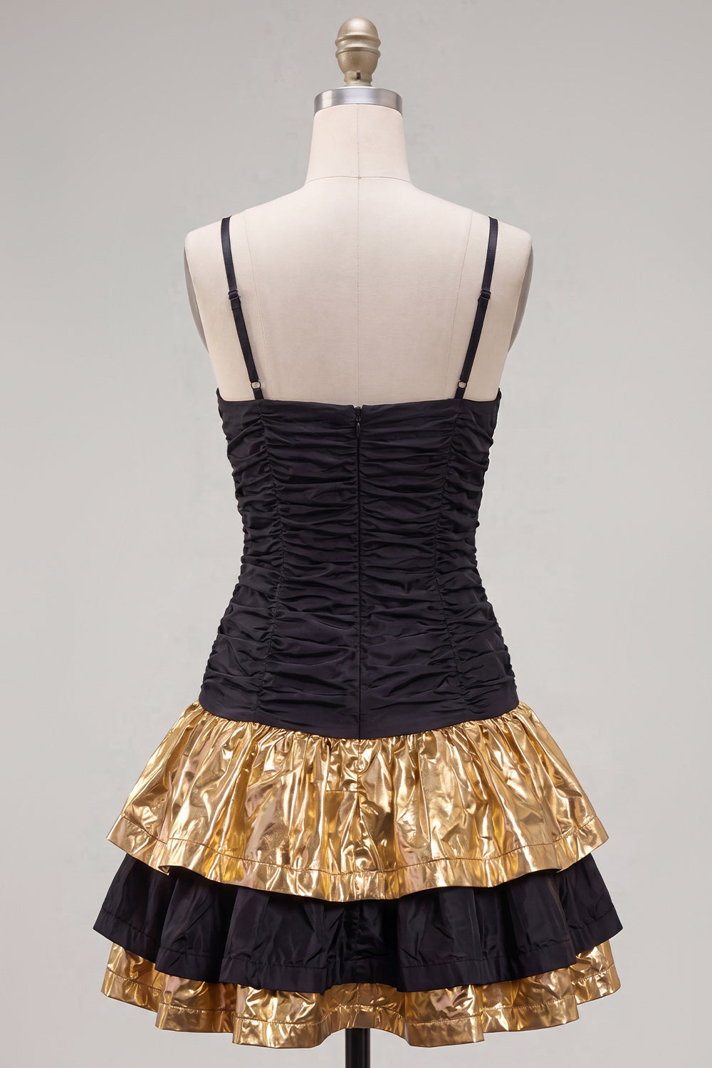 A Line Spaghetti Straps Black Golden Tiered 80s Homecoming Dress With Bow