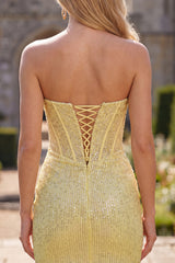 Strapless Corset Bodycon Sparkly Yellow Homecoming Dress