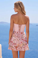 Strapless Corset Pink A-Line Floral Homecoming Dress with Ruffles