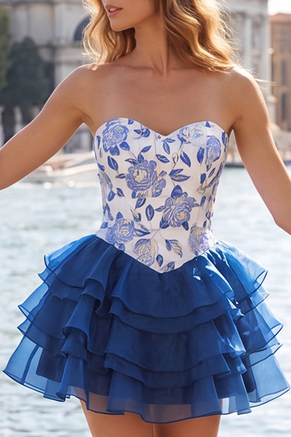 Corset Blue and Black Strapless Floral A Line Homecoming Dress