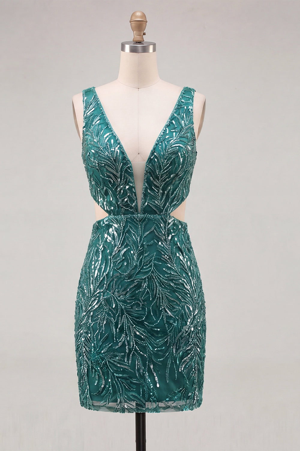 V-Neck Gold Cut Out Bodycon Homecoming Dress With Beading