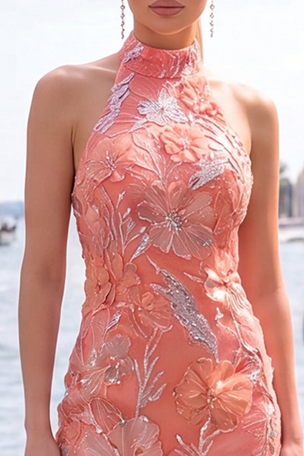 Halter Yellow Floral Sparkly Bodycon Homecoming Dress