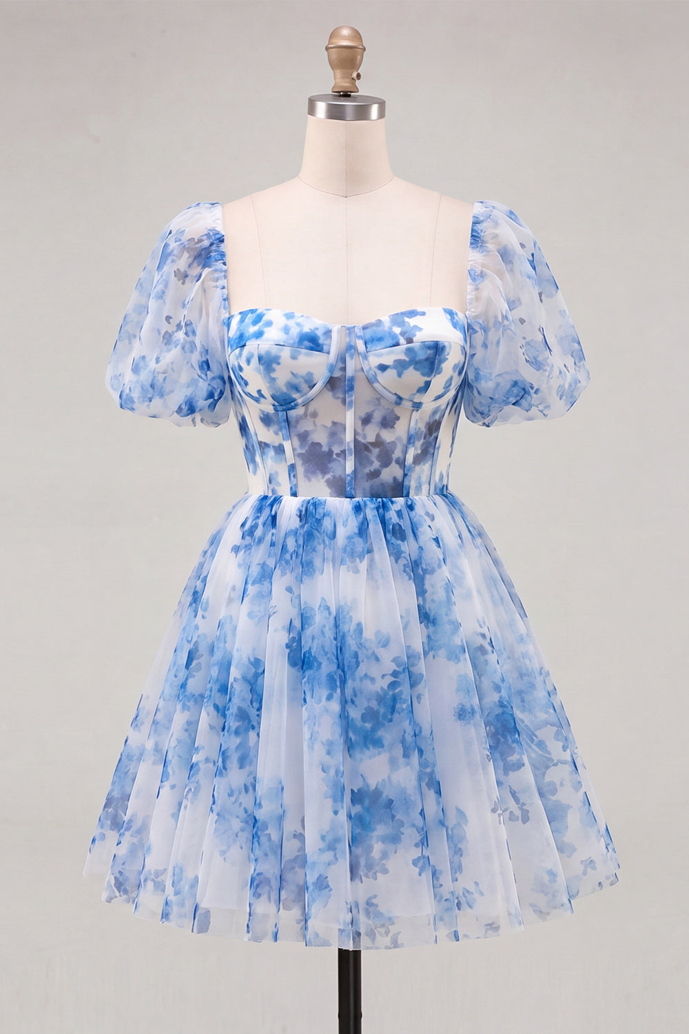 Dusty Sage Print Corset A Line Square Neck Homecoming Dress With Puff Sleeves