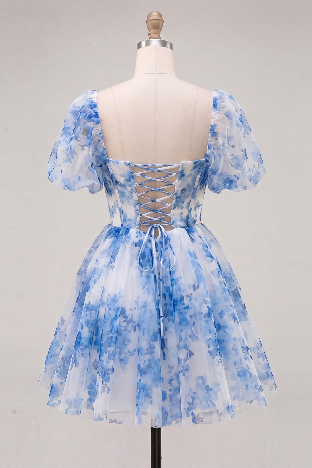 Dusty Sage Print Corset A Line Square Neck Homecoming Dress With Puff Sleeves