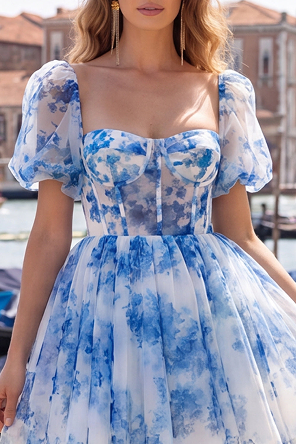 Dusty Sage Print Corset A Line Square Neck Homecoming Dress With Puff Sleeves