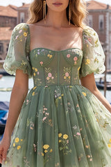Dusty Sage Print Corset A Line Square Neck Homecoming Dress With Puff Sleeves