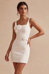 Square Neck Bodycon Corset Little White Dress With 3D Flower