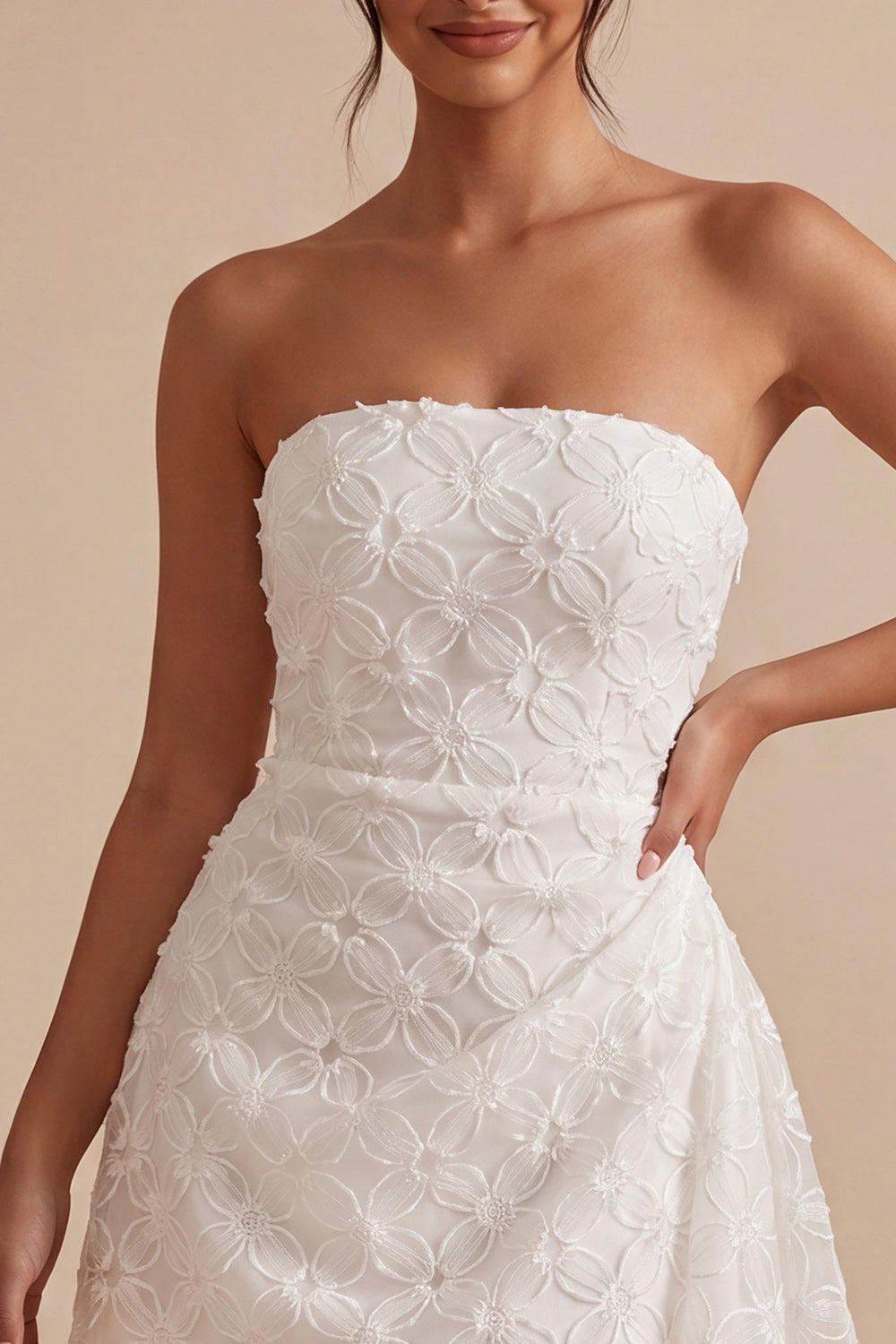 Strapless Floral A Line Lace Little White Dress With Sash