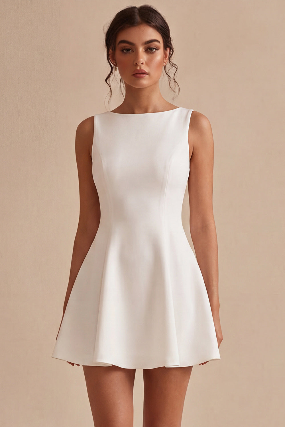 A Line Simple Corset Satin Round Neck Little White Dress