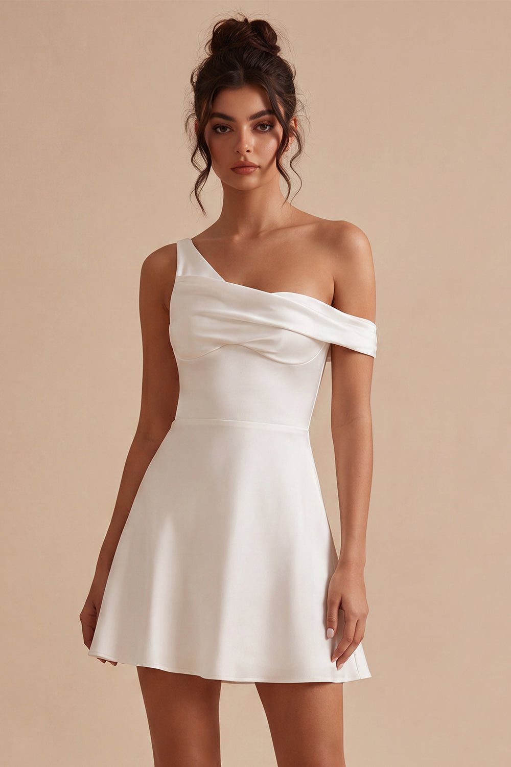 One Shoulder A Line Simple Satin Little White Dress