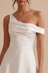 One Shoulder A Line Simple Satin Little White Dress