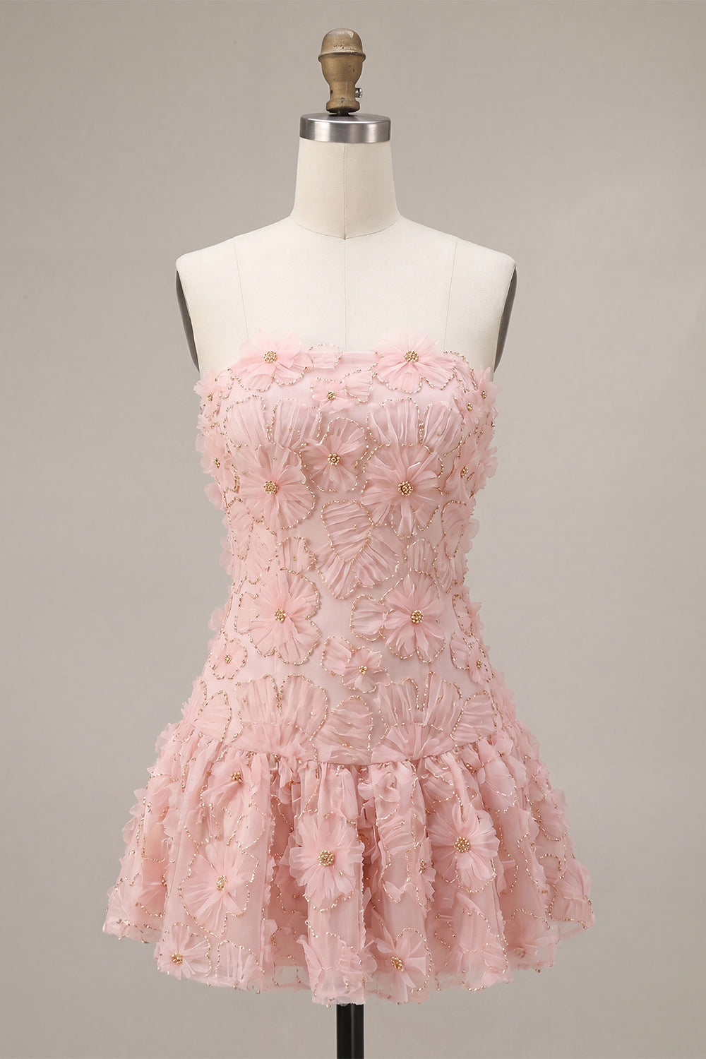 Floral Strapless Pink Beaded A Line Homecoming Dress