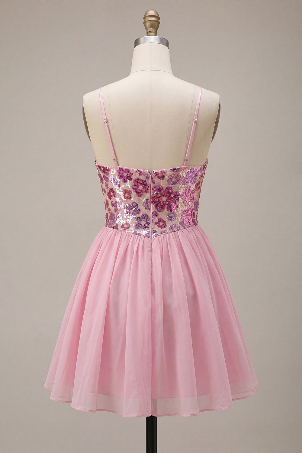 Pink Floral A Line Spaghetti Straps Sequins Homecoming Dress