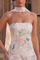Strapless Pink Floral A Line Homecoming Dress With Scarf