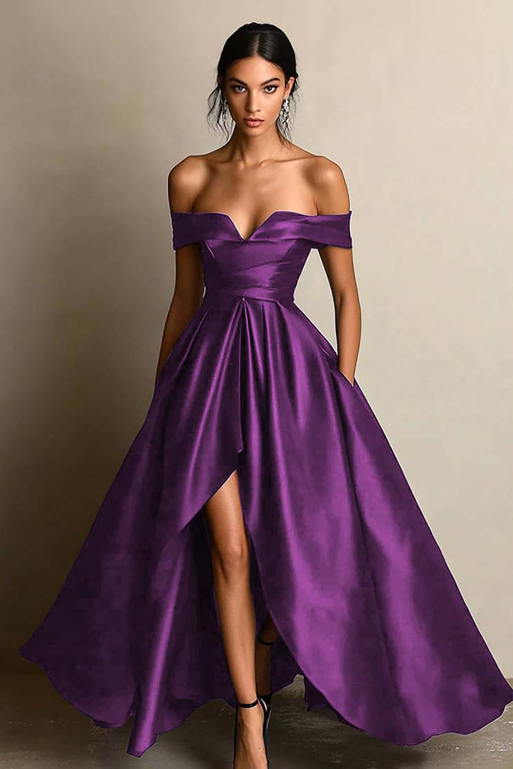 Black Off The Shoulder A Line High Low Formal Dress